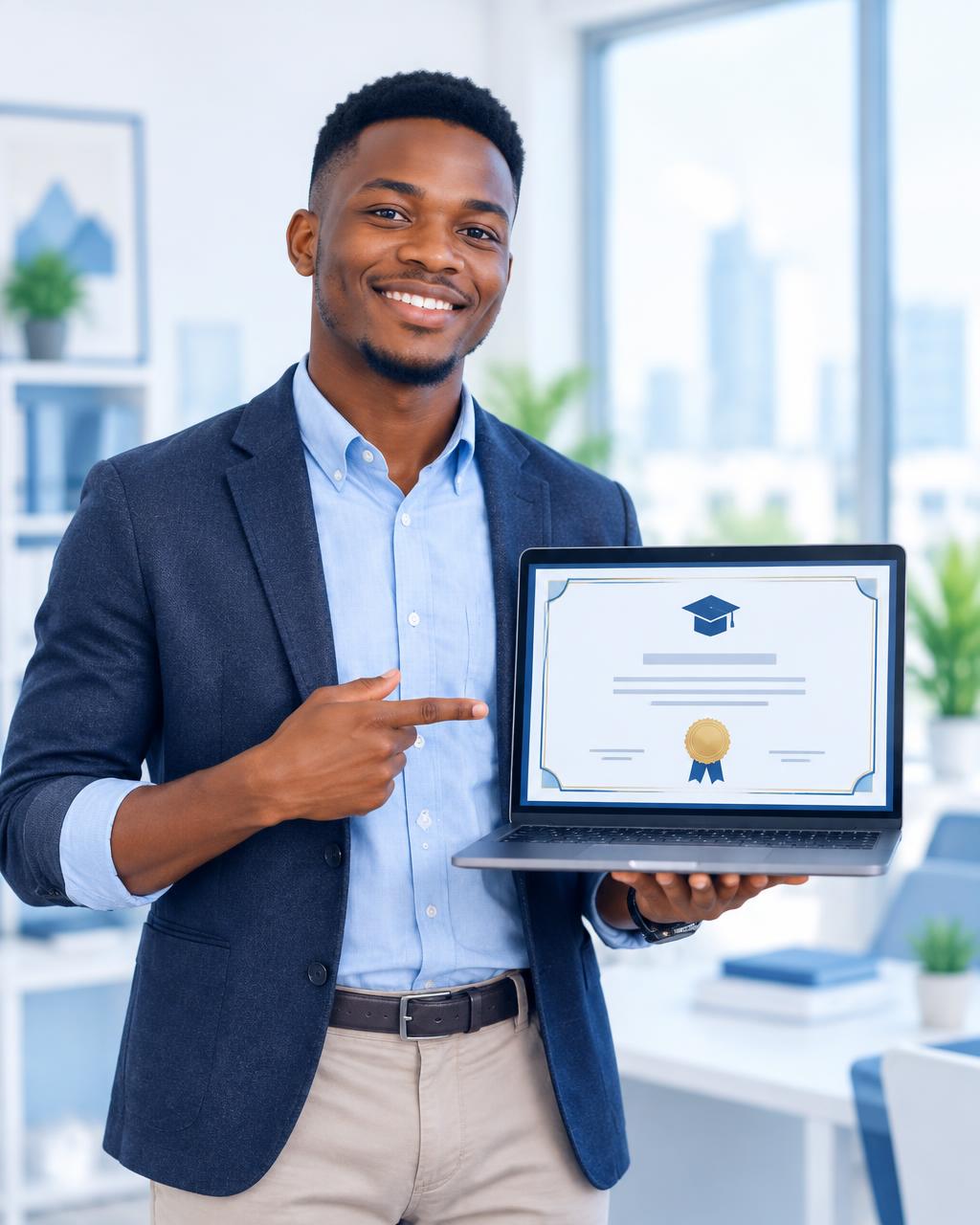 Learner showing a certificate of completion on a laptop