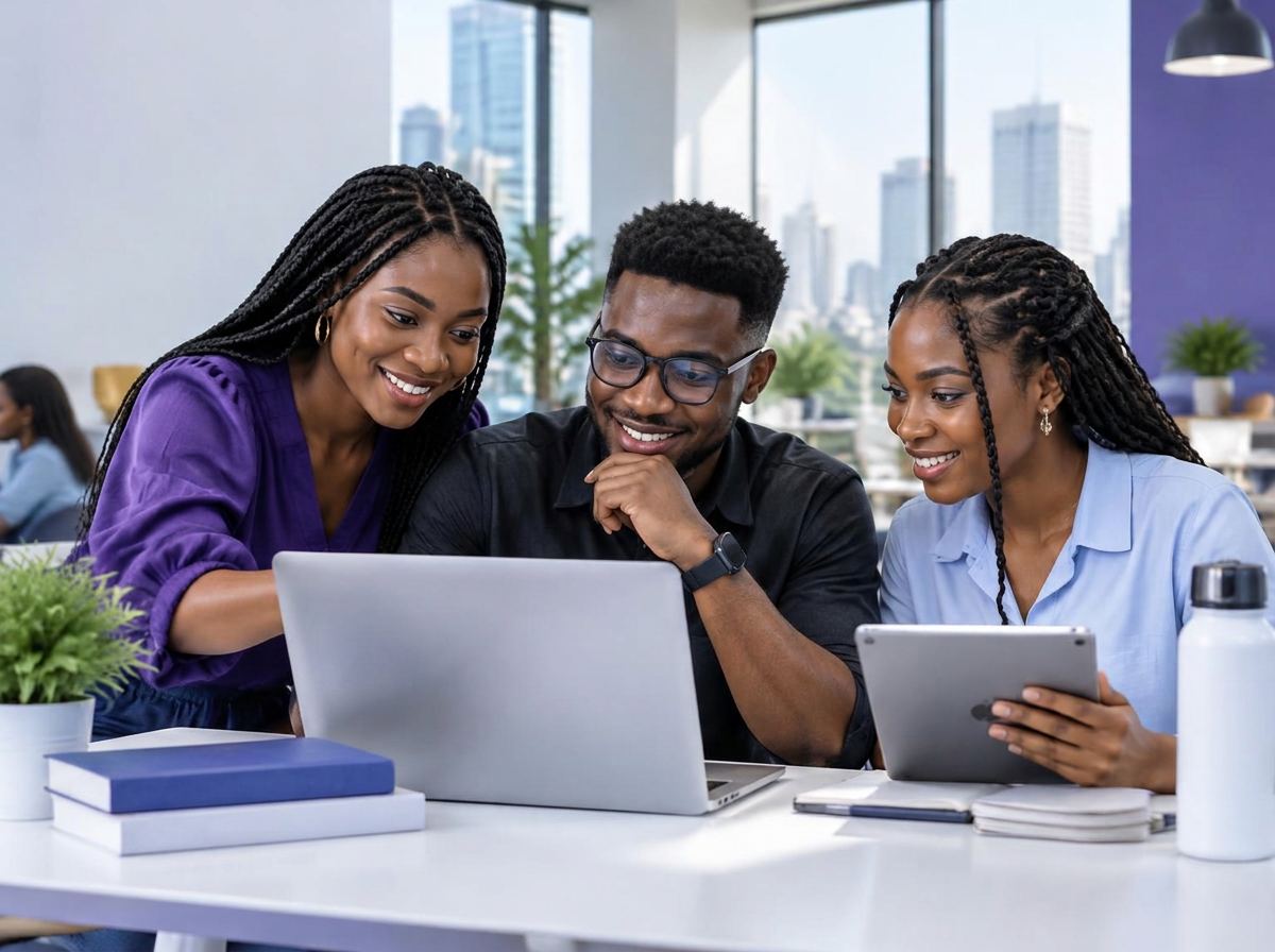 Three learners studying together on a laptop and tablet